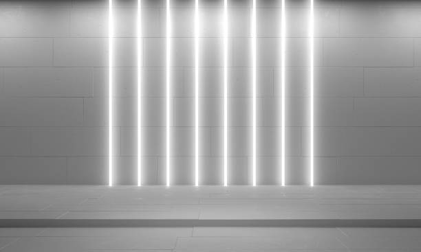 istock White minimalistic abstract 3d background. Neon light from lamps on concrete walls. 3d illustration. 2167595842
