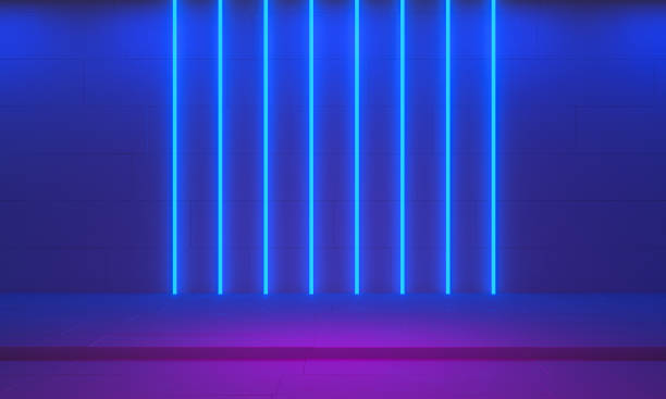 istock Colorful background stage with vertical luminous neon lights and podium, 3d illustration 2167596529