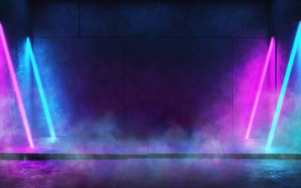 istock Rough concrete walls and floor, neon lights, smoke, glow. Empty dark room background. 3d render 2167599099