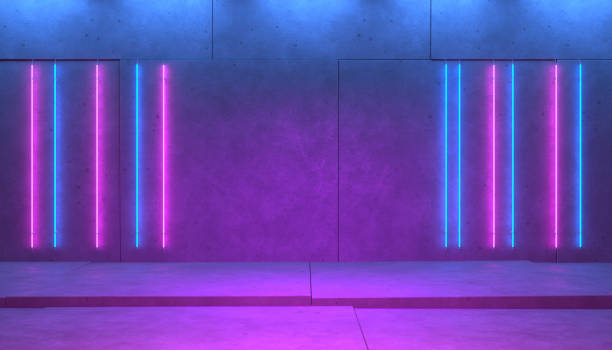 istock Neon line lights on concrete wall. Purple background stage. 3d illustration 2167599407