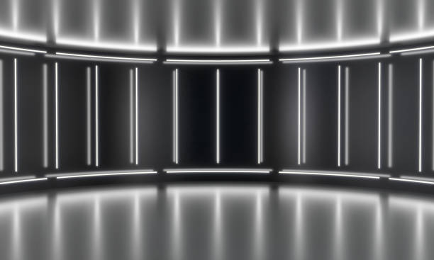 istock Abstract rounded pedestal podium room. Sci-fi empty stage concept with glowing neon lighting. Product display presentation. Futuristic minimal wall scene. 3d illustration 2167599670