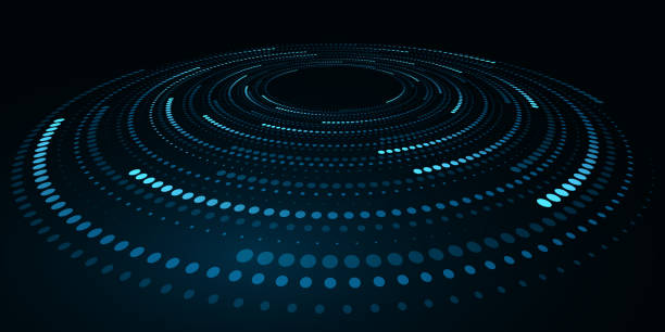 istock Spiral digital circles of blue dots on black background. Perspective view to abstract halftone dotted circle. Big Data visualization into cyberspace. Vector. 2167600623