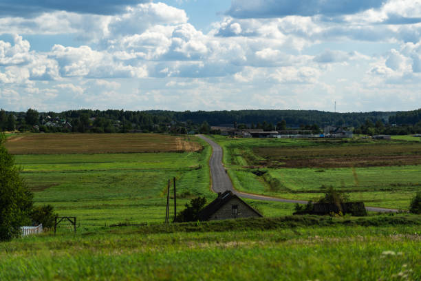 An asphalt road in the distance between fields. Thick clouds over the road. High quality photo