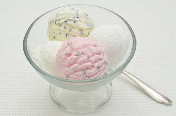 Scoops of ice cream in a glass bowl, close up, isolated on white background