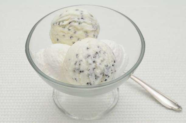 Scoops of ice cream in a glass bowl, close up, isolated on white background