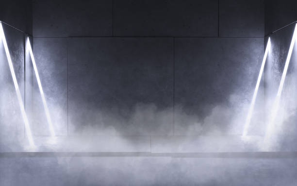 istock Abstract empty concrete room with dark backwall and white neon lamps - industrial interior or background template, 3D illustration 2167602898