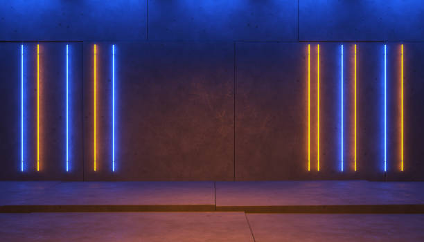istock Dark background with blue yellow neon glow. Neon luminous linear lights on concrete slabs. 3d illustration 2167603960