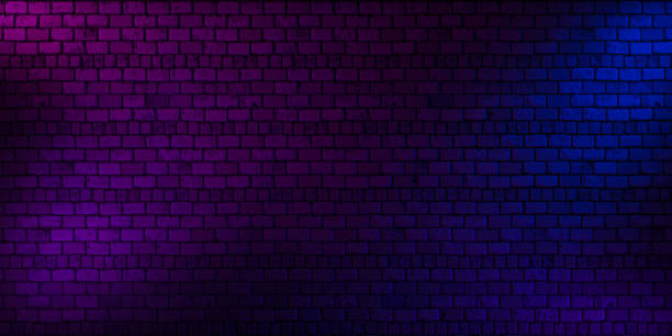 Grunge brick wall, background, purple neon light. 3d illustration