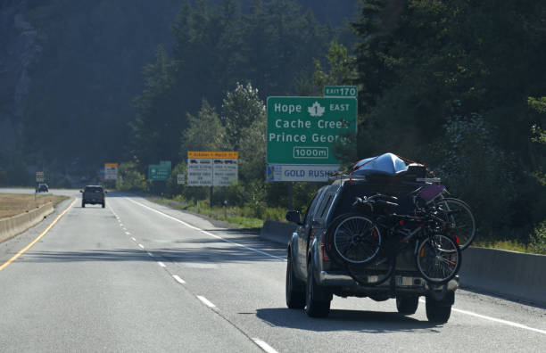 Hope, Canada - August 17, 2024: Vacationers travel east on the Trans-Canada Highway near Exit 170 toward Hope on a summer morning.