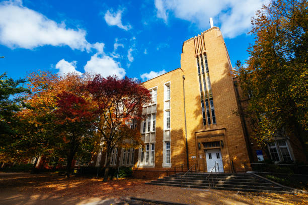 MELBOURNE, AUSTRALIA - MAY 05, 2024 - Chemistry Building and architectural details during autumn at Melbourne University Parkville campus in Melbourne, Victoria, Australia