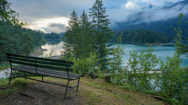 Bench on hill above lake in summer, Dolomite mountains near Cortina d'Ampezzo