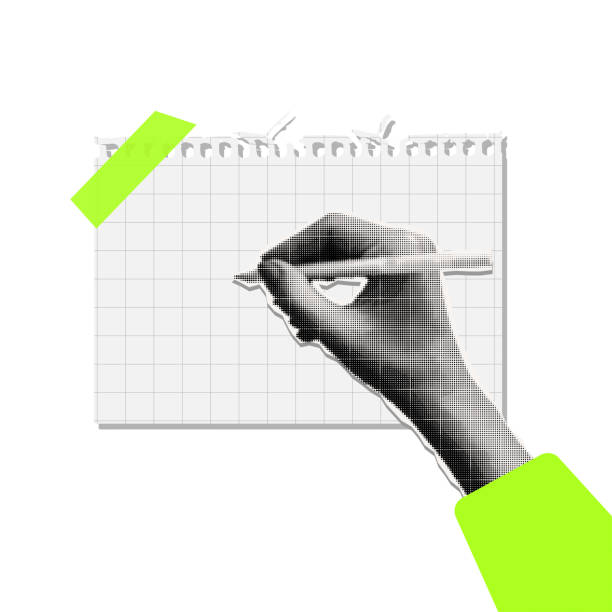 istock Vintage halftone collage of hand with pen. Writing on a notepad sheet, diary list. Vector illustration of planning, business, finance, banking, business presentation, marketing material. 2167619967