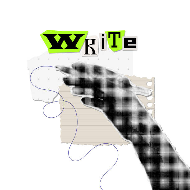 istock A hand holding a pencil and writing. Trendy halftone vector collage. Vintage isolated concept with torn out paper elements. 2167620021