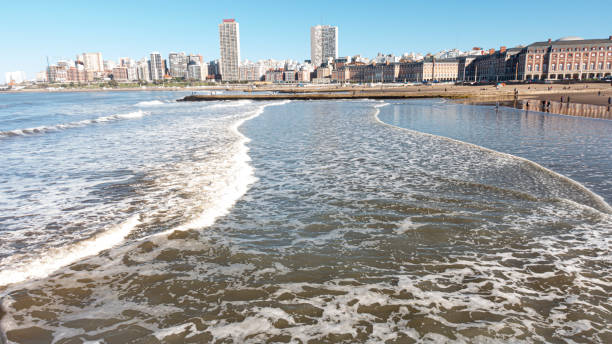 Mar del Plata , Buenos Aires , Argentina;08-08-2024:Cityscape sea and beach Blue sky and skyscrapers