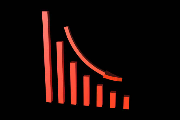Red Falling Decline Bar Graph with Arrow over Transparent Background. 3d Render with Alpha Channel