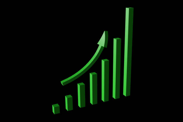 Green Growing Bar Graph with Arrow over Transparent Background. 3d Render with Alpha Channel