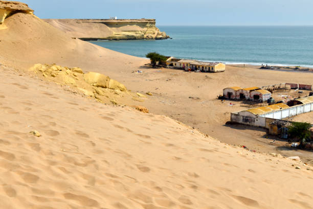 Tombua (Porto Alexandre), Namibe province, Angola: beach and abandoned fish processing factory and Pinda headland (Ponta do Pinda) with the chapel of Our Lady of the Seafarers ('Nossa Senhora dos Navegantes') in the distance - Namibe desert.