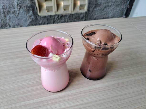 Strawberry Snow Ice And Chocolate Snow Ice In Glass. Drink Menu.