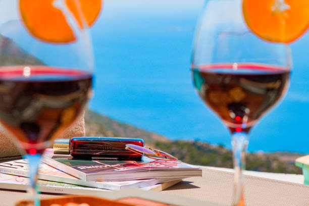 Glass on a table at the beach near Thessaloniki in Greece