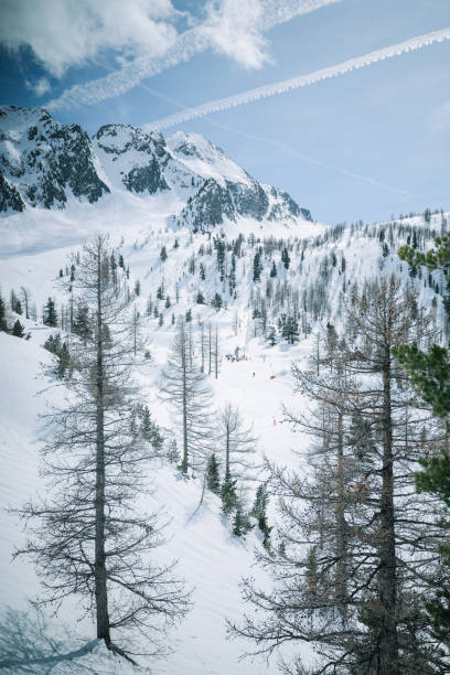Beautiful nature of the snow capped mountains in the ski resort in European Alps.
