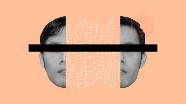 Abstract surreal portrait with distorted 3D grid mesh and cubic elements. Conceptual modern digital collage on peach color background.
