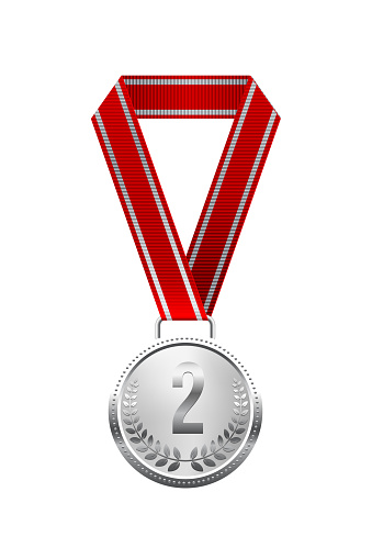 Number 2 Silver Ribbon Silver Medal With Number Place Second And Red Ribbon Vector ...