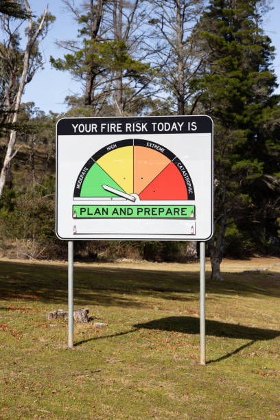 istock The photo shows a fire risk warning sign with an indicator set to green 'Plan and Prepare' 2167641981
