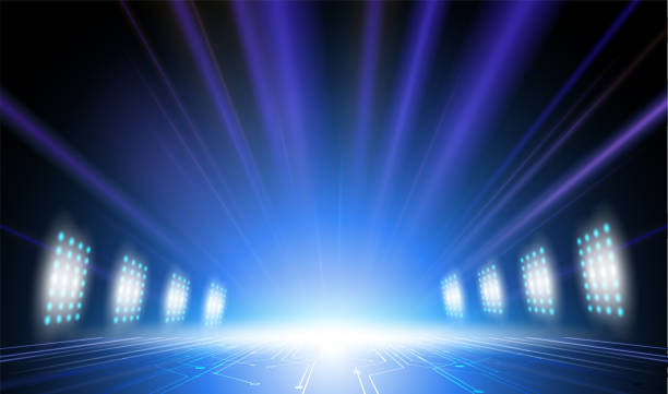 istock Abstract background blue stadium stage hall with scenic lights of round futuristic technology user interface Blue vector lighting empty stage spotlight background. 2167651849