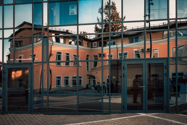 Clean and disinfected glass and steel facade of a hospital