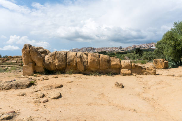 Agrigento, Italy-May 10, 2022:view of the Telamon inside the valley of the temples, an archaeological park near Agrigento during a sunny day