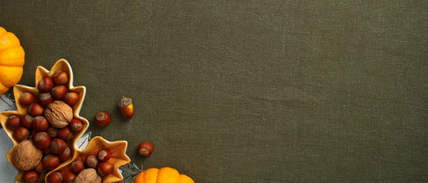 istock Autumn banner design. Flat lay composition with nuts, pumpkins, acorns on vintage green table cloth. 2167703524