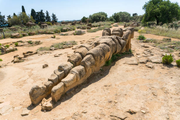Agrigento, Italy-May 10, 2022:view of the Telamon inside the valley of the temples, an archaeological park near Agrigento during a sunny day