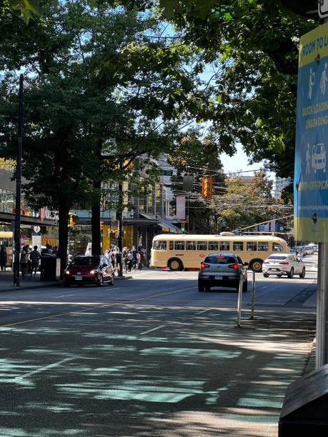 Vancouver, Canada - August 16,2023: Vintage 75-year-old trolley bus on Burrard Street