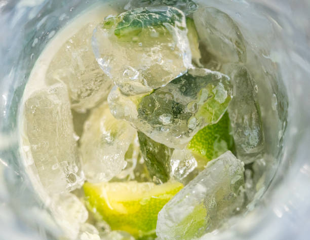 Ice cubes and lemon slices close-up