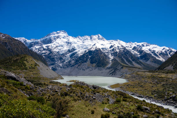 Magical landscape at Hooker Lake in front of Mt Cook in New Zealand. Behold the stunning sight of snow-capped Mount Cook, majestically framed by other towering mountain peaks.