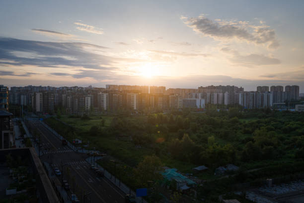 City residential buildings at sunset