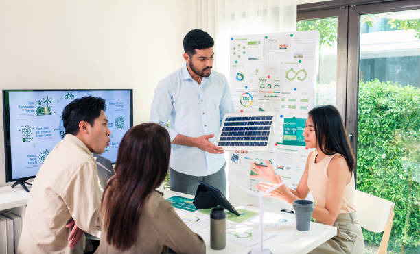 istock Diversity team presentation new design solar cell panel renewable energy innovation at office 2167730905