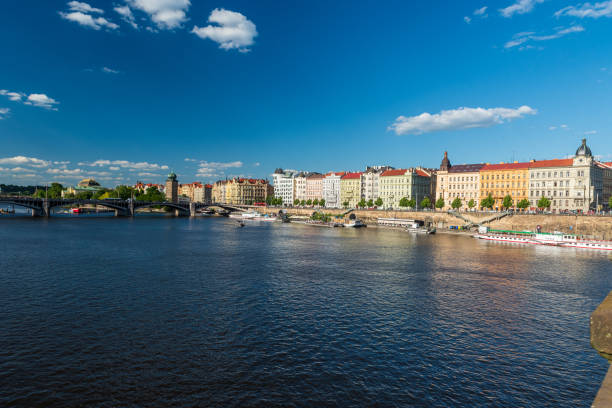 Prague city scenery from Palackeho most bridge during beautiful springtime afternoon