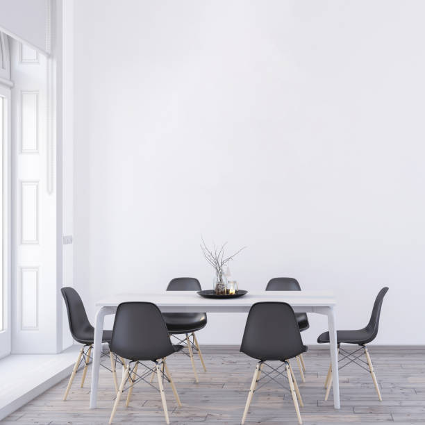 istock Minimalist dining room 3d rendering. Empty white wall mockup in a dining room. 2167735429