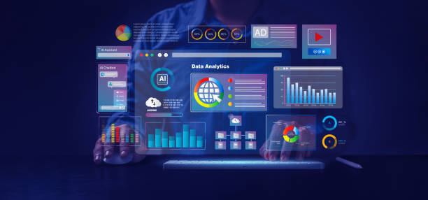 Analyst working with computer in Business Analytics and Data Management System with KPI and metrics connected to the database for technology finance, operations, sales, marketing. Data analysis.Ai stock photo