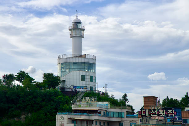 Beautiful vintage lighthouse on the Baltic Sea in Gdansk. Green lighthouse, West Breakwater in Nowy Port