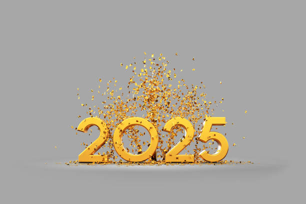 istock golden text 2025 surrounded by golden confetti - light gray background 2167745885