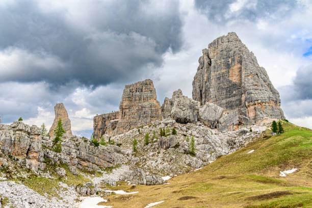 The Cinque Torri (Five Towers) is a famous rock formation located in the Dolomites of northern Italy, near the town of Cortina d'Ampezzo in the Veneto region. This striking group of limestone towers is a popular destination for hikers, climbers, and photographers due to its unique appearance and the stunning views it offers of the surrounding landscape.