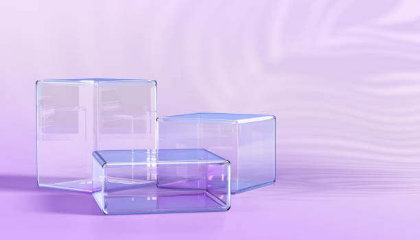 istock 3d glass cube box podium with palm leaf shadow on purple wall background. Crystal holographic square pedestal, clear blue block platform for product display. Studio minimal showcase 2167747880