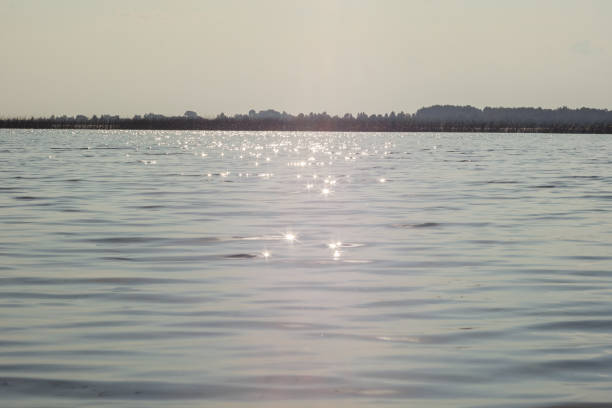 Waves and glare on the surface of the water. Lake on a sunny day with blue sky and white clouds