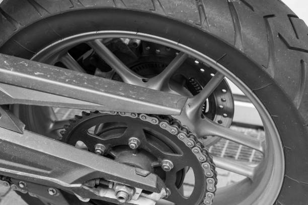 a motorcycle tire with a chain and a brake