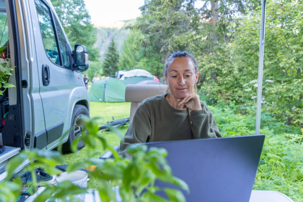 istock Woman Working on Laptop at Campsite with Van 2167765608