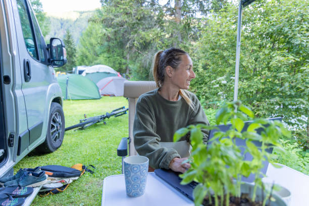 istock Woman Working on Laptop at Campsite with Van 2167766619