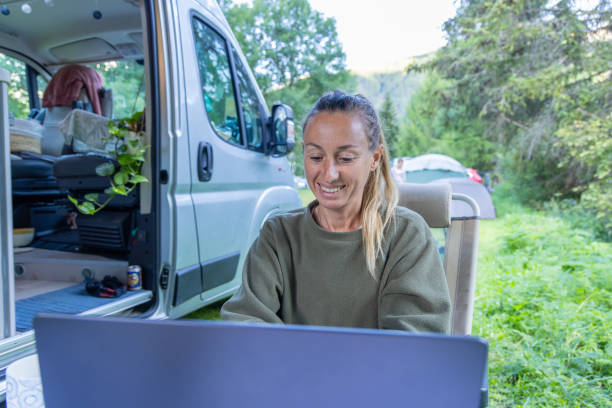 istock Woman Working on Laptop at Campsite with Van 2167766697