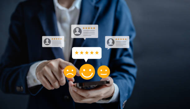 istock User customer review evaluates satisfaction with a product or service, Customers give a rating to service experience on the online application, Customer review satisfaction feedback survey concept 2167768738